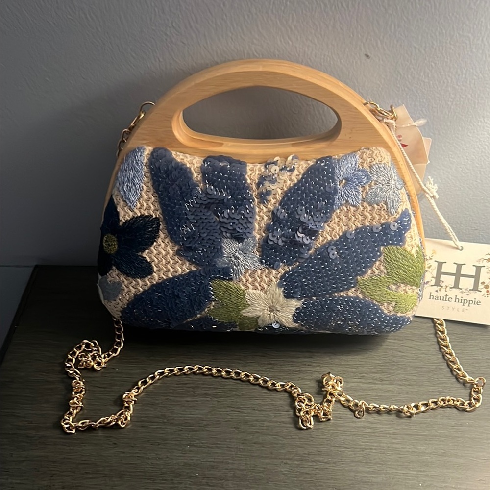 Haute Hippie Blue and Gold Mini Bag with Floral Design